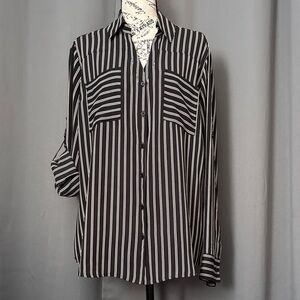 Express Black and White Striped Button-Front Blouse